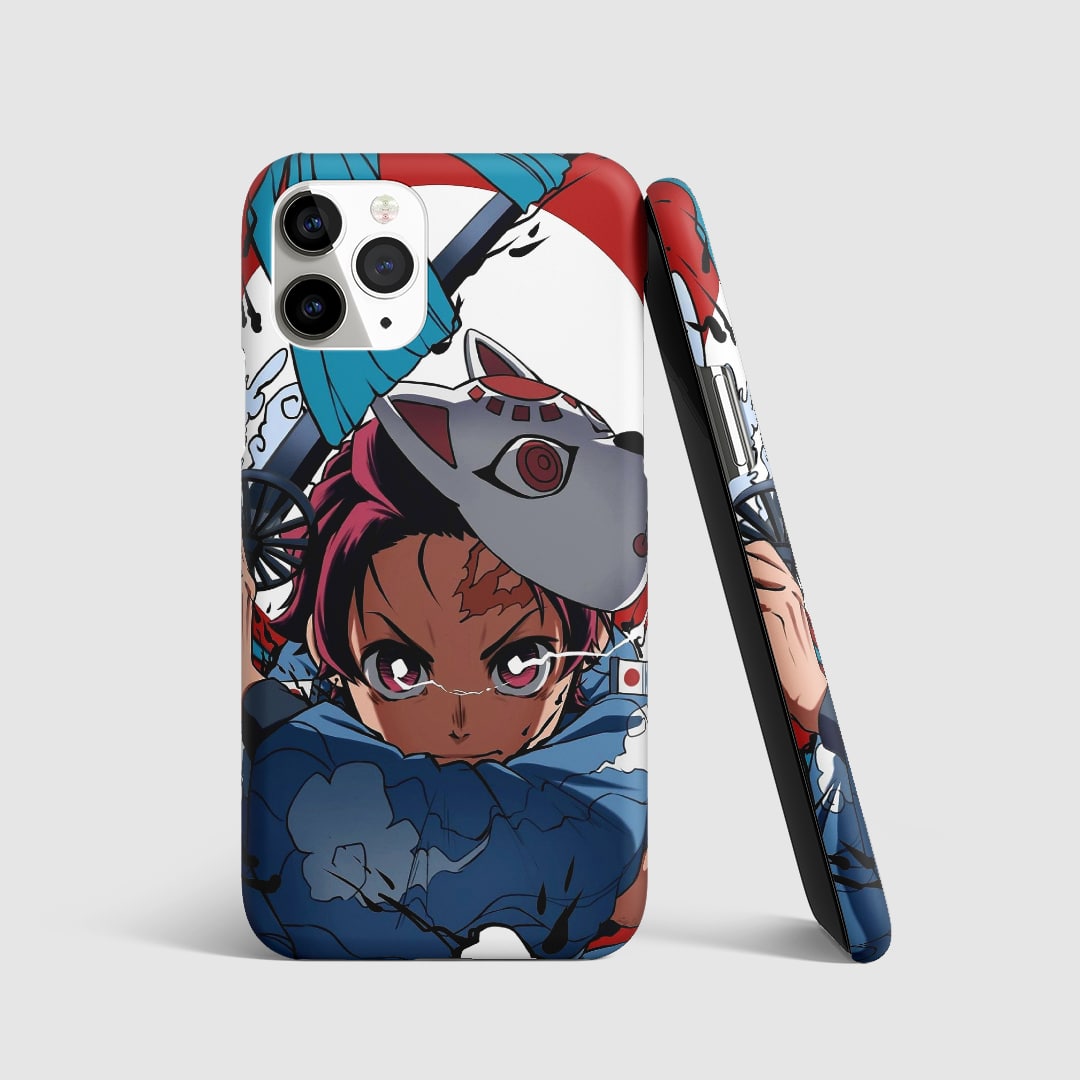 Iconic mask of Tanjiro Kamado on phone cover.
