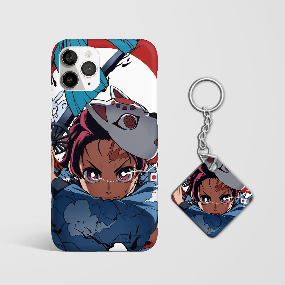 Close-up of Tanjiro Kamado’s mask design on phone case with Keychain.