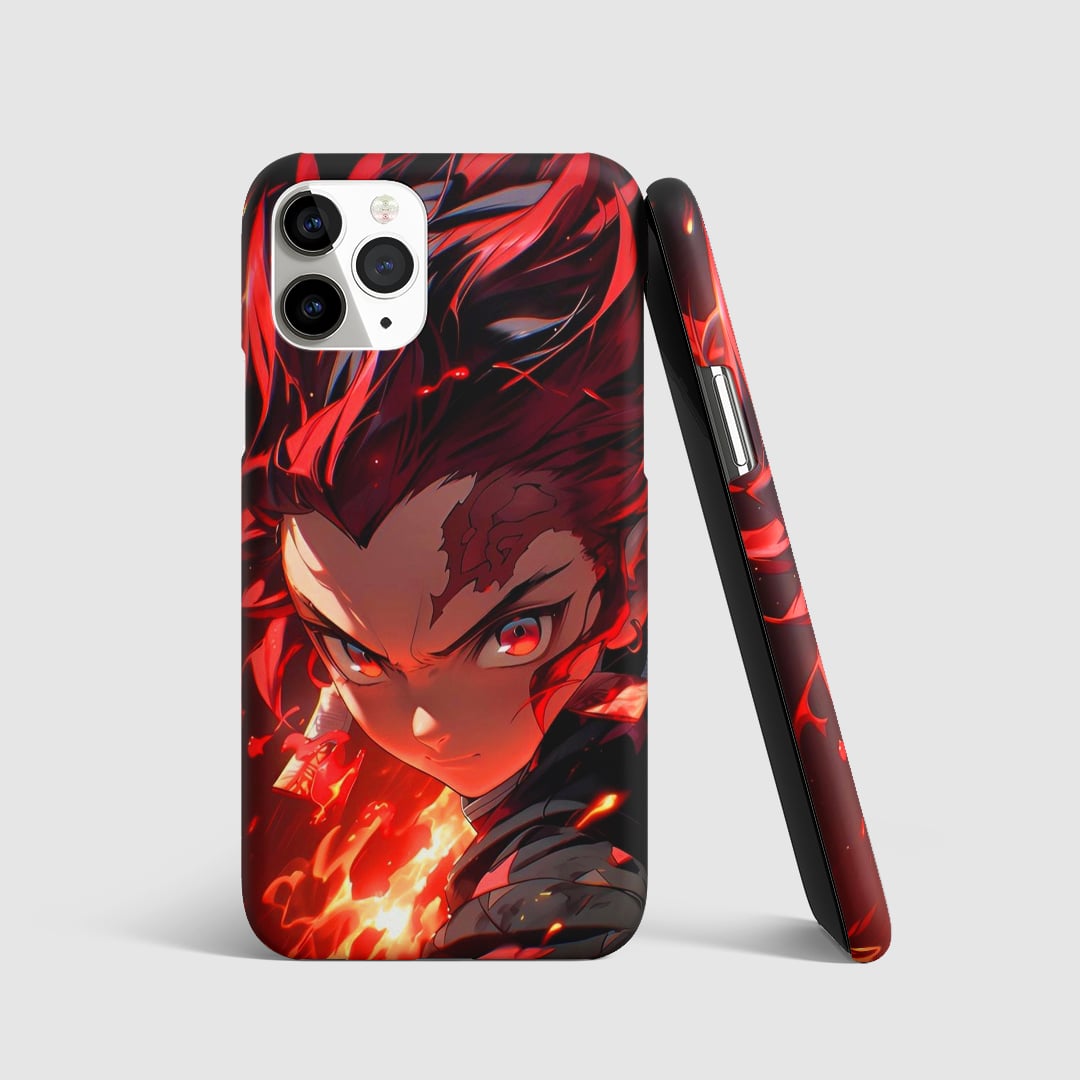 Vibrant red artwork of Tanjiro Kamado on phone cover.