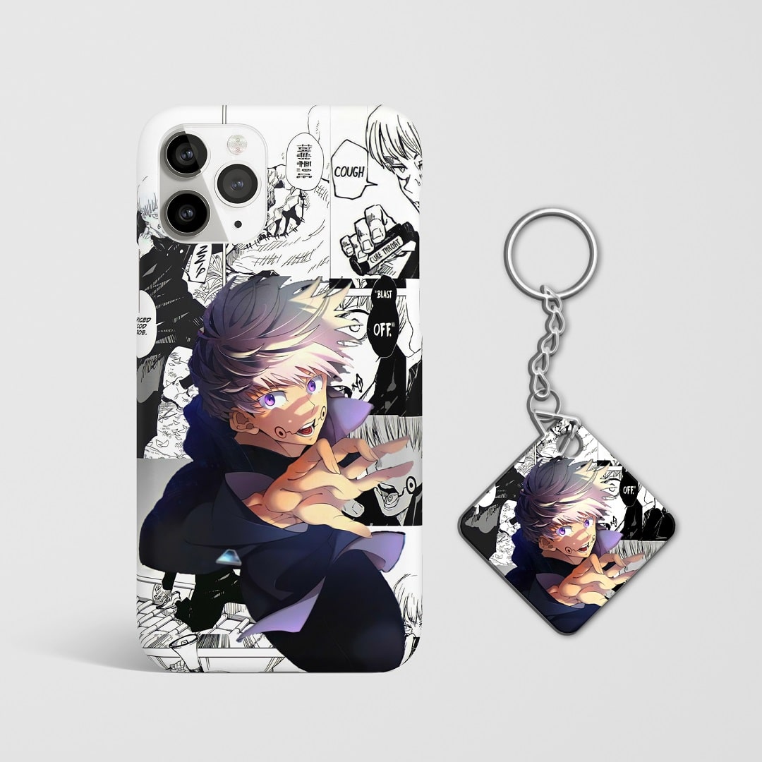 Close-up of Toge Inumaki's manga design on phone case with Keychain.