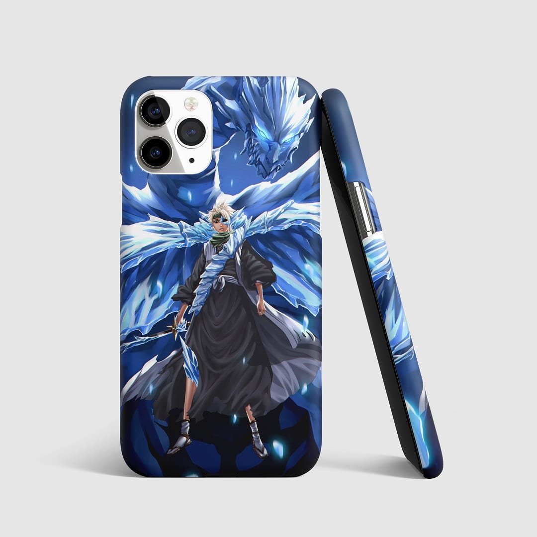 Striking artwork of Toshiro Hitsugaya in Bankai form from "Bleach" on phone cover.