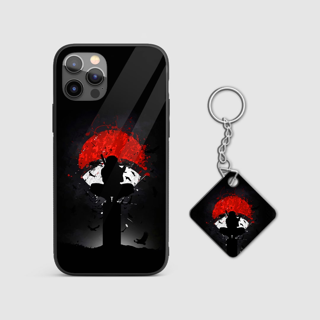 Close-up of the Uchiha clan symbol on the durable silicone armored phone case with Keychain.