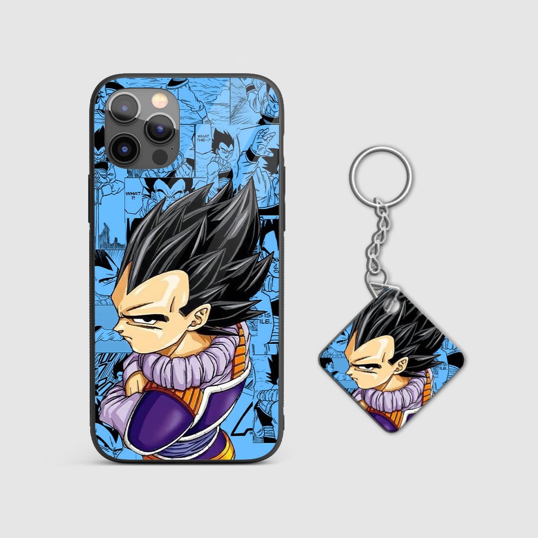 Detailed image of Vegeta's intense expression and armor on the silicone phone case with Keychain.
