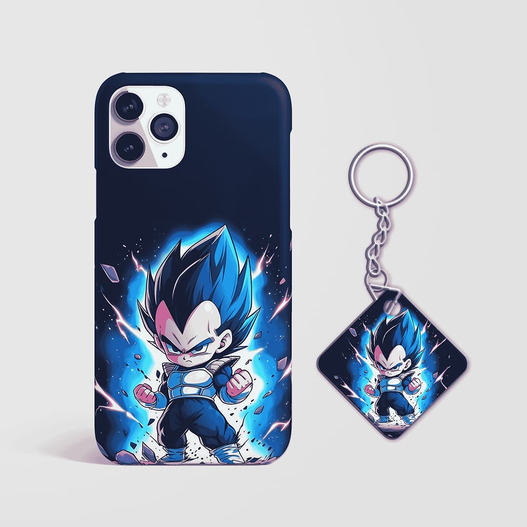 Back view of Vegeta SS Blue Chibi Phone Cover showing playful anime design with Keychain.