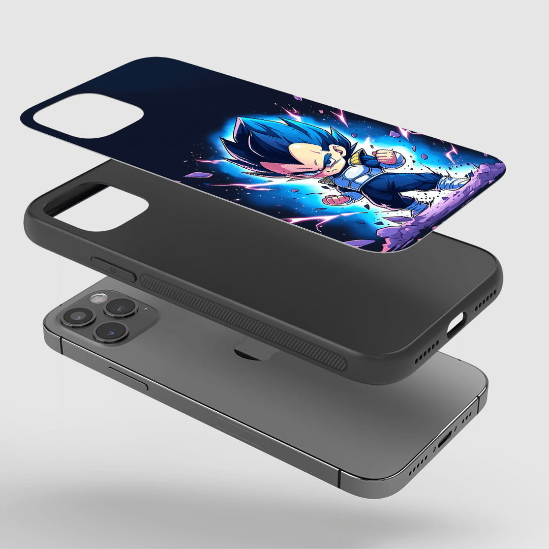 Angled view of Vegeta Super Saiyan Blue Chibi Case with cute anime style.