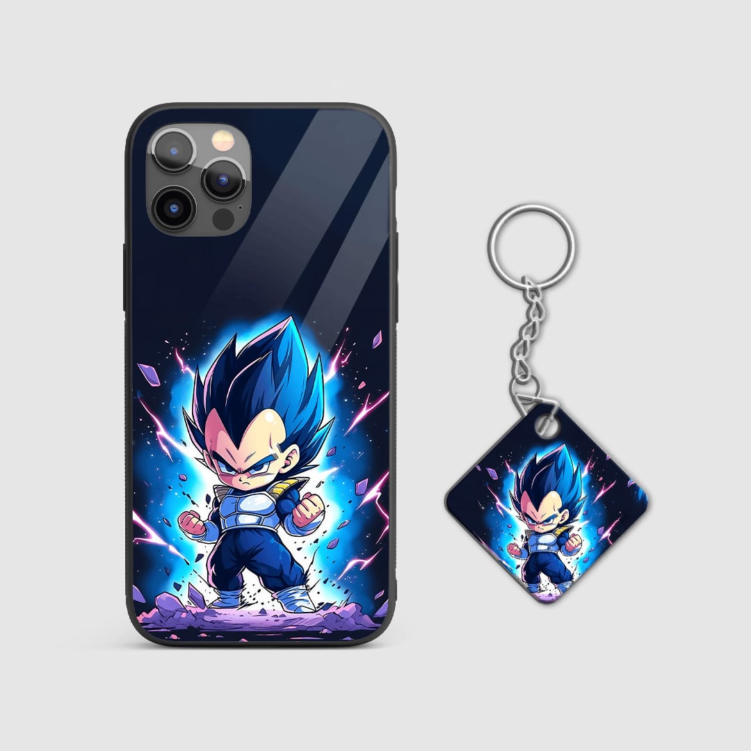 Back view of Vegeta Chibi Silicone Armored Phone Cover showing SS Blue art with Keychain.