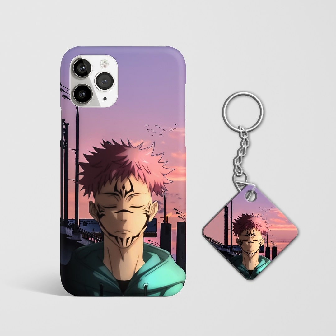 Close-up of Yuji Itadori’s minimalist design on phone case with Keychain.