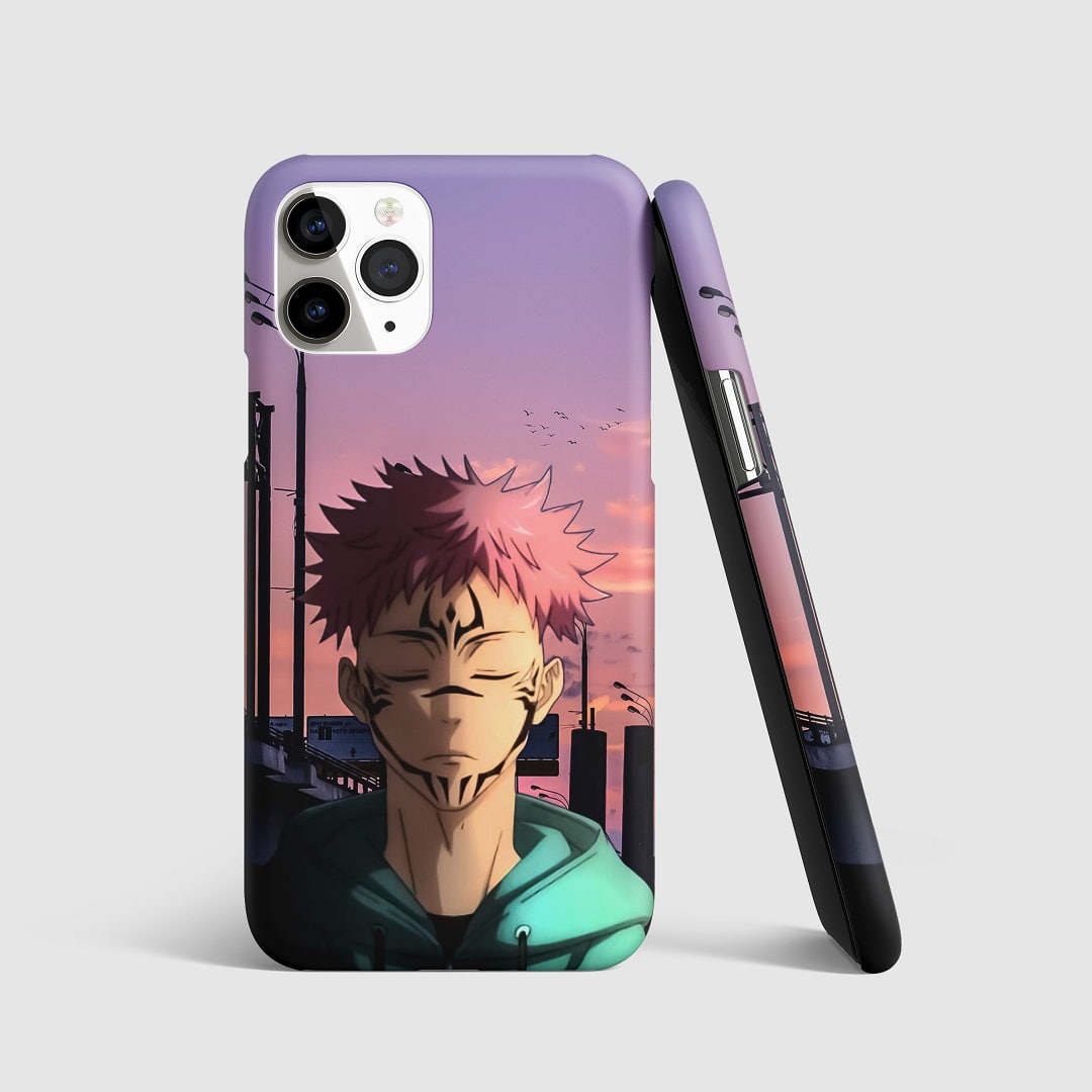 Elegant illustration of Yuji Itadori on phone cover.