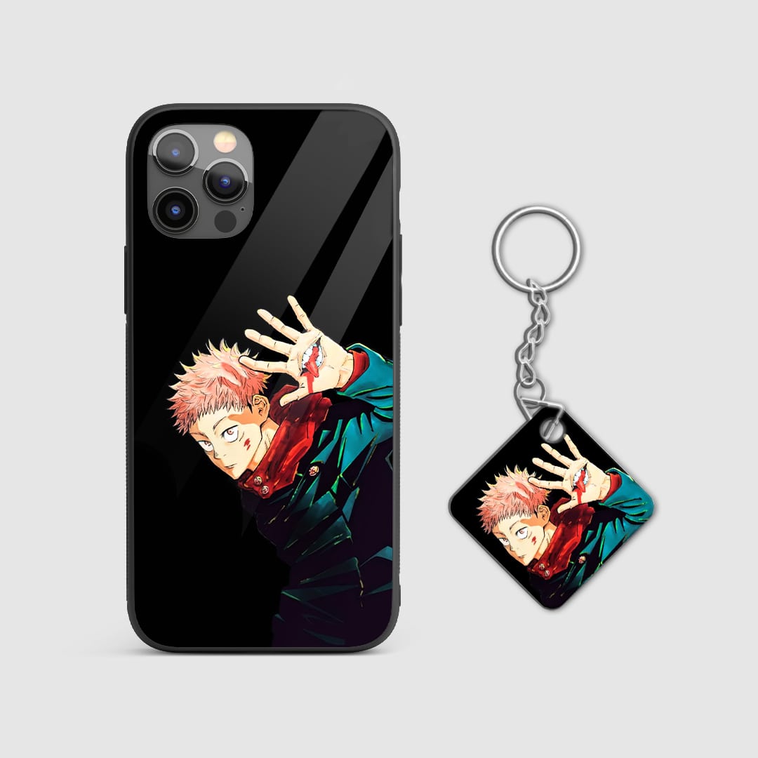 Artistic black and white depiction of Yuji Itadori in action on the silicone armored phone case with Keychain.