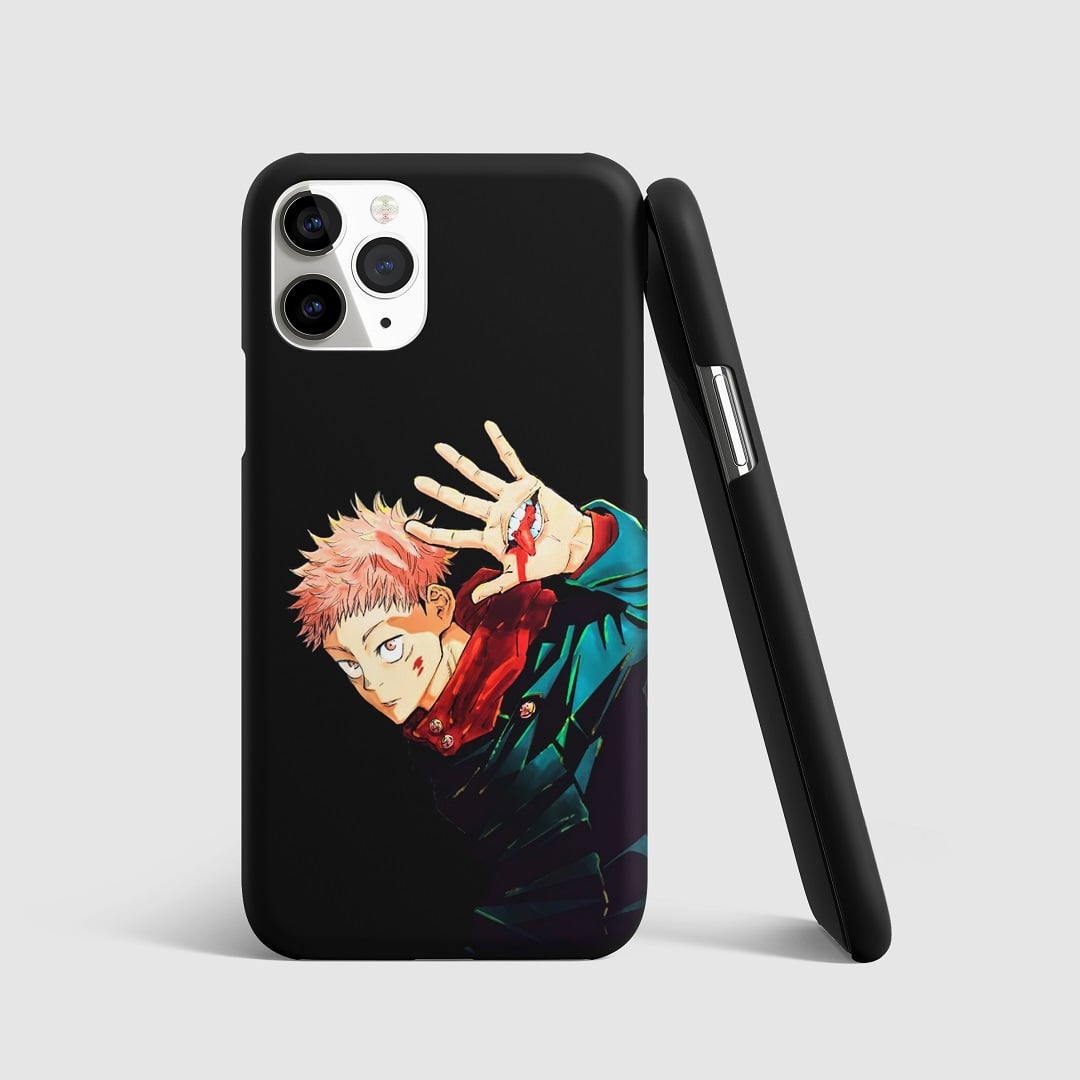 Bold black and white illustration of Yuji Itadori on phone cover.