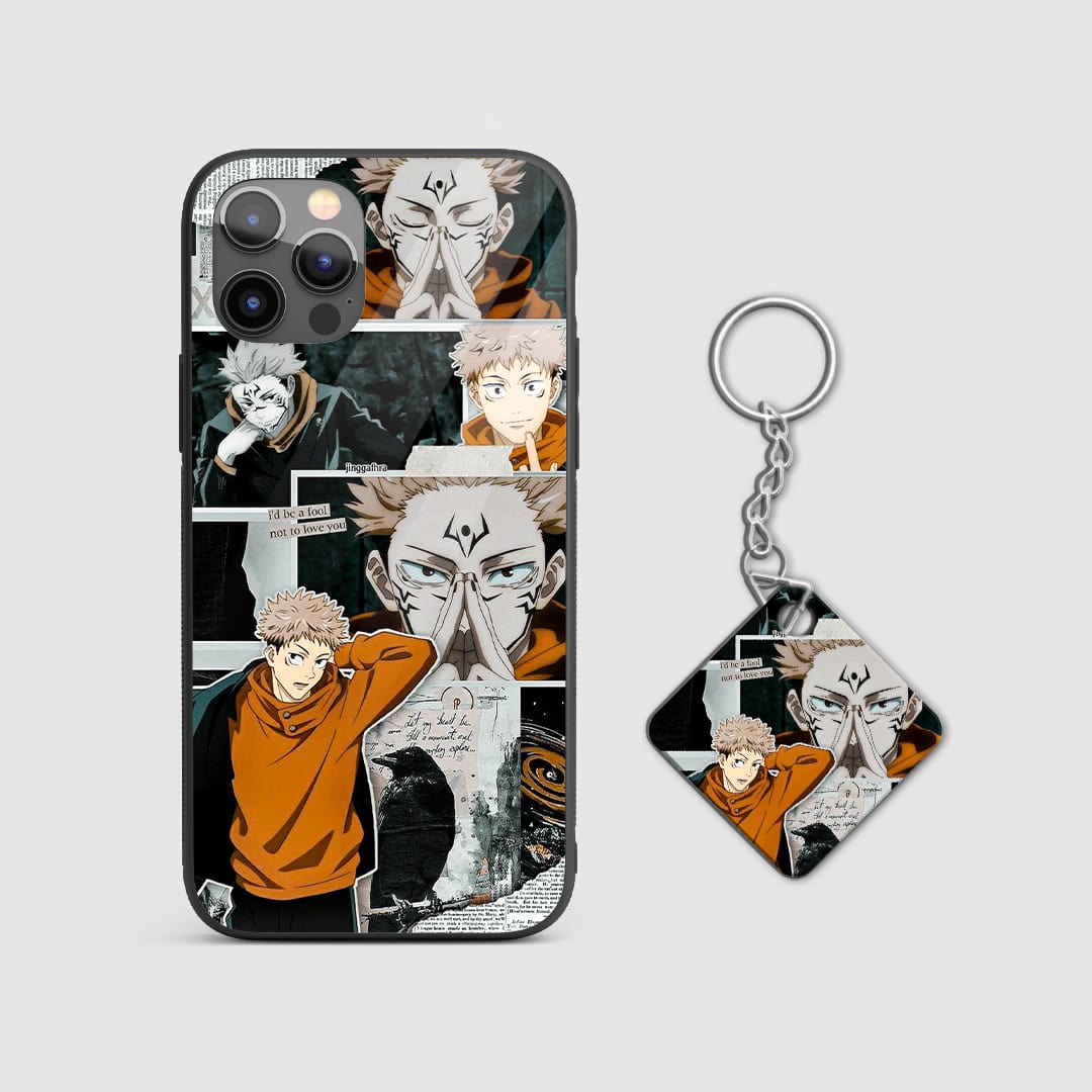 Colorful and dynamic collage of Yuji Itadori in action on the silicone armored phone case with Keychain.