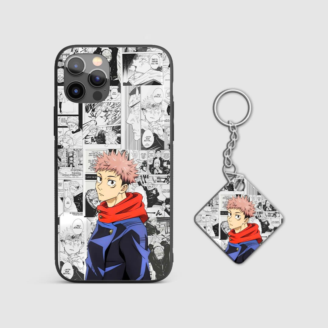 Detailed manga artwork of Yuji Itadori on a durable silicone phone case with Keychain.