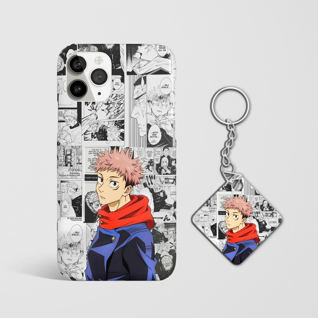 Close-up of Yuji Itadori’s intense manga design on phone case with Keychain.
