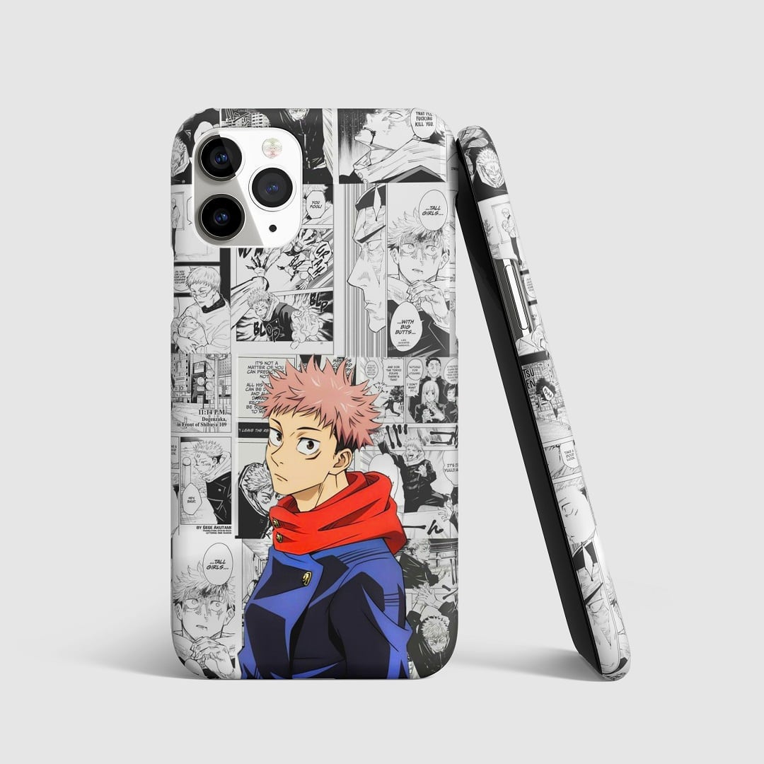 Detailed manga-style illustration of Yuji Itadori on phone cover.
