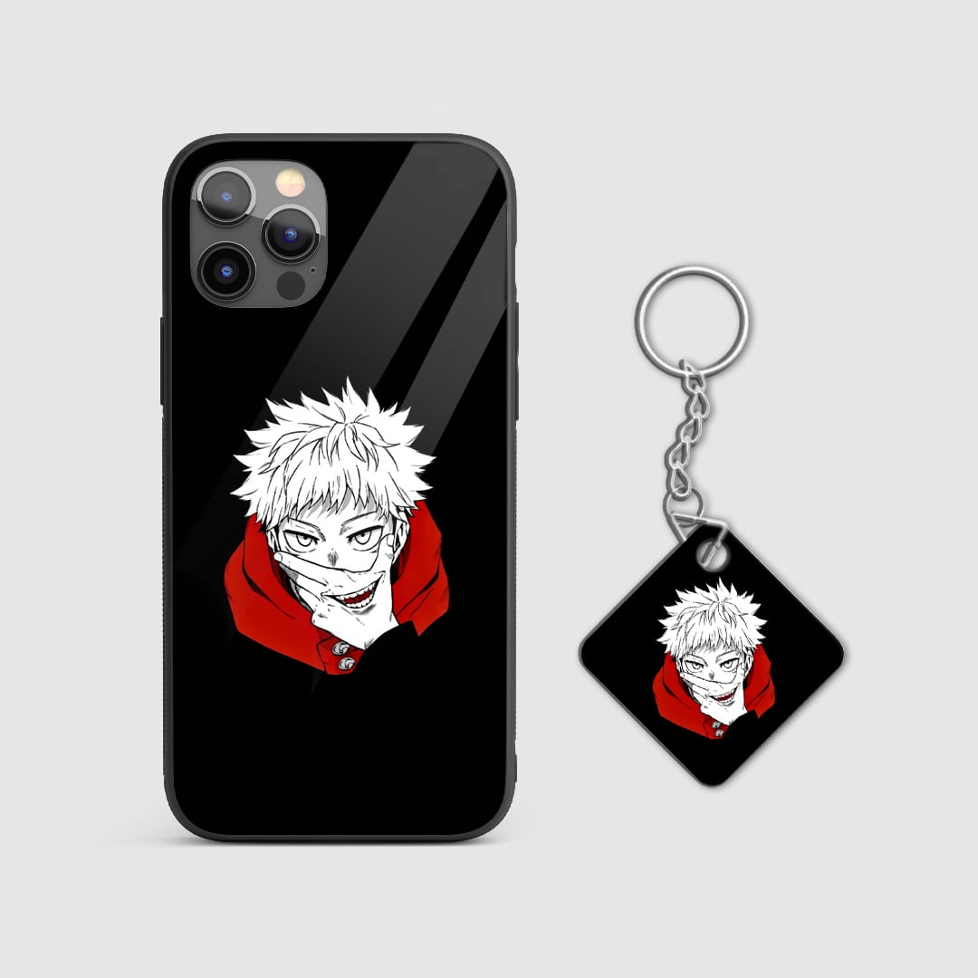 Elegant minimalist design of Yuji Itadori on a durable silicone phone case with Keychain.,