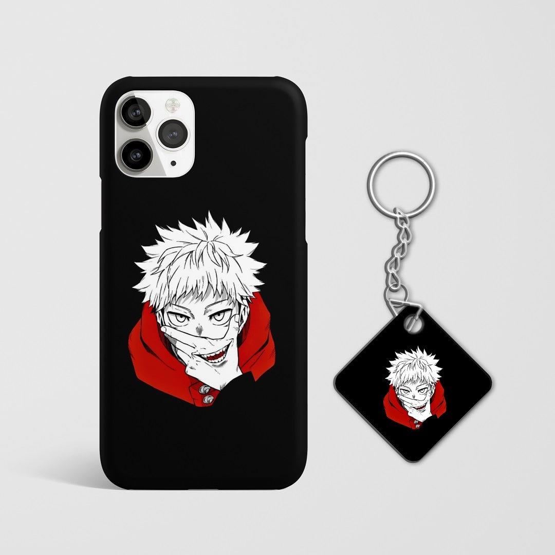 Close-up of sleek Yuji Itadori minimalist design on phone case with Keychain.
