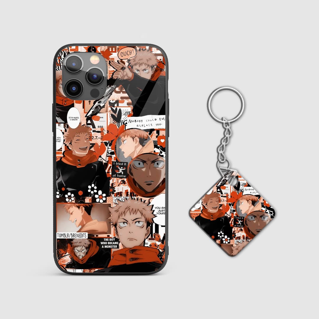 Dynamic orange themed depiction of Yuji Itadori on a durable silicone phone case with Keychain.