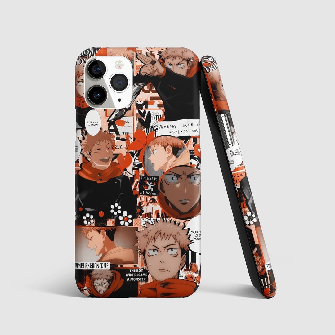 Vibrant orange-themed illustration of Yuji Itadori on phone cover.