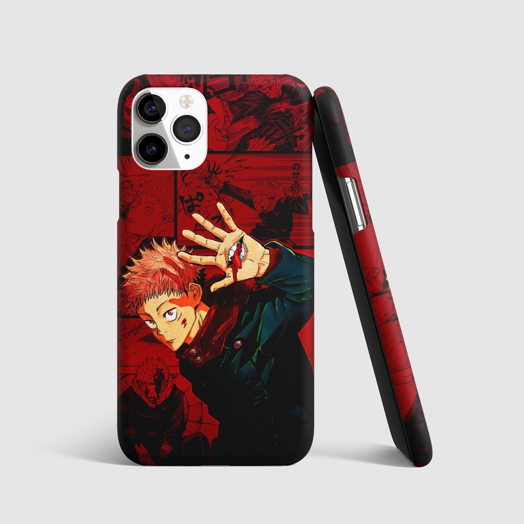 Dynamic design of Yuji Itadori in action on phone cover.