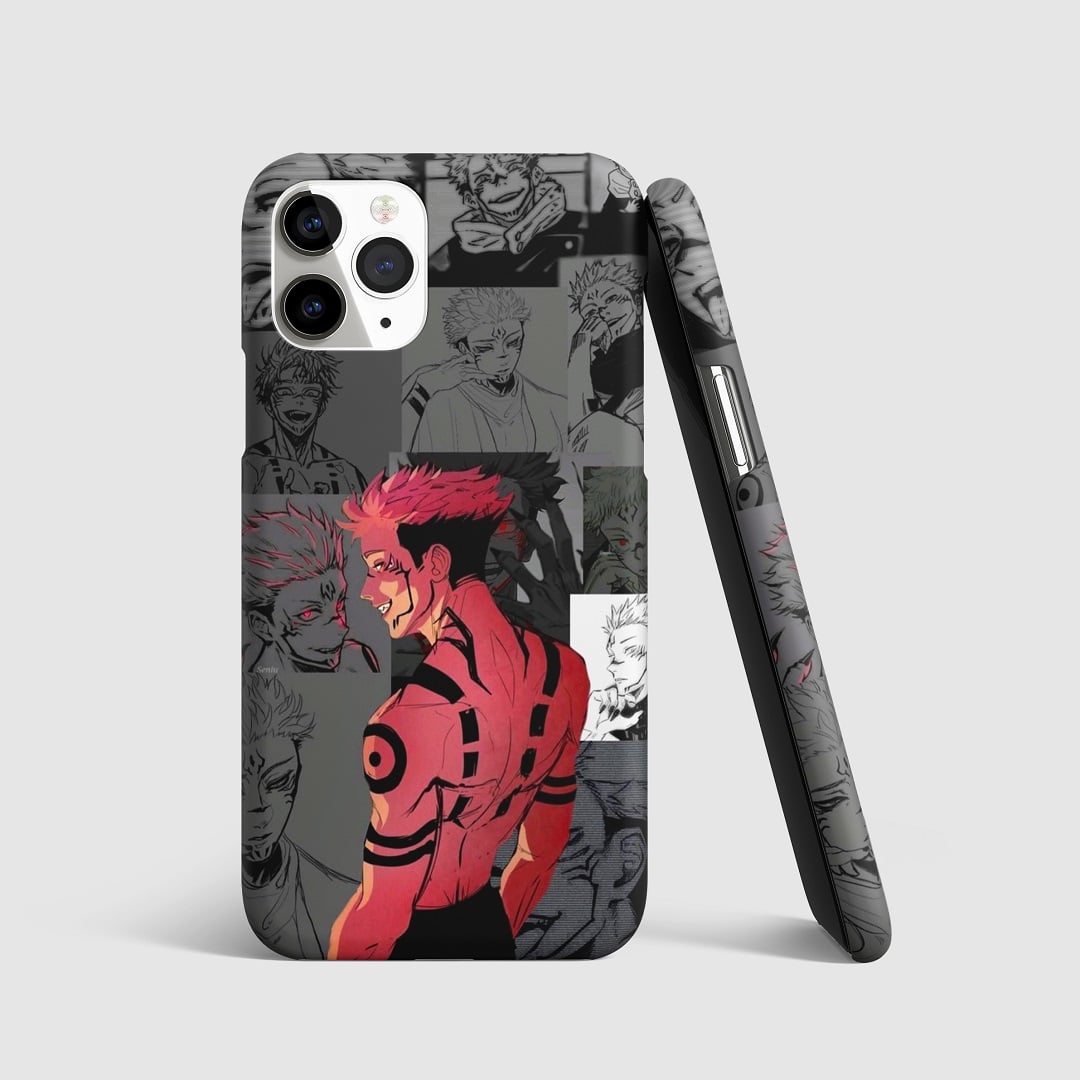 Striking red and black illustration of Yuji Itadori on phone cover.