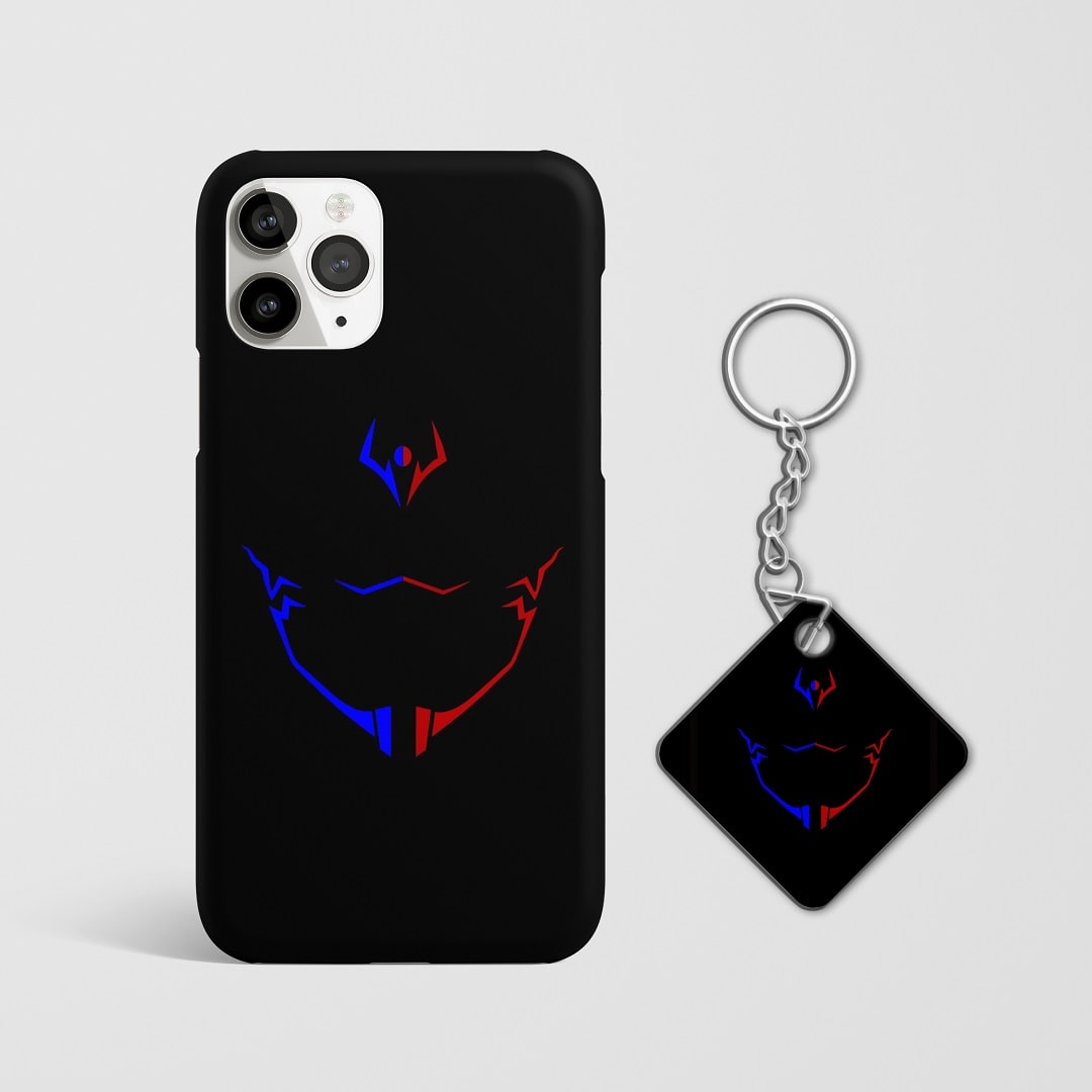 Close-up of Yuji Itadori’s sleek minimalist artwork on phone case with Keychain.