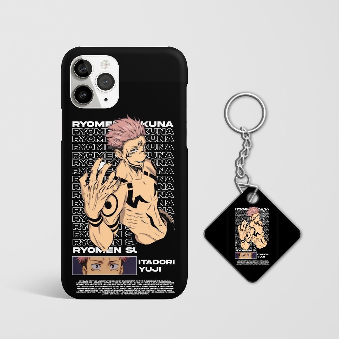 Close-up of Yuji and Sukuna's intense expressions on phone case with Keychain.