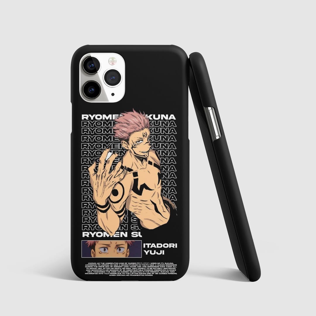 Dynamic design featuring Yuji Itadori and Ryomen Sukuna on phone cover.