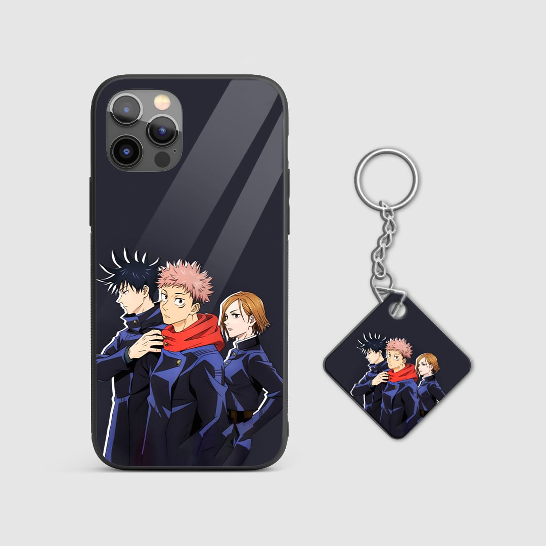 Vibrant depiction of Yuji Itadori with his team, showcasing their unity and strength on the silicone phone case with Keychain.