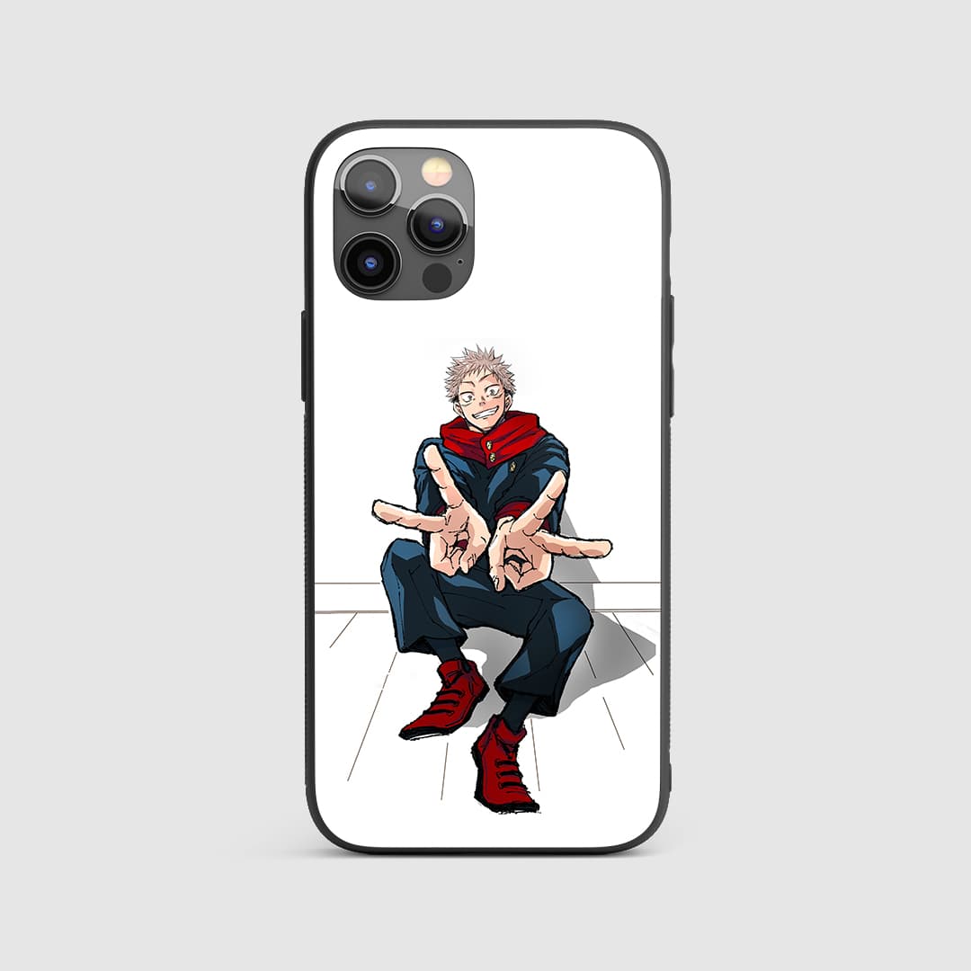 Yuji Itadori White Silicone Armored Phone Case featuring a dynamic pose of Yuji on a crisp white background.