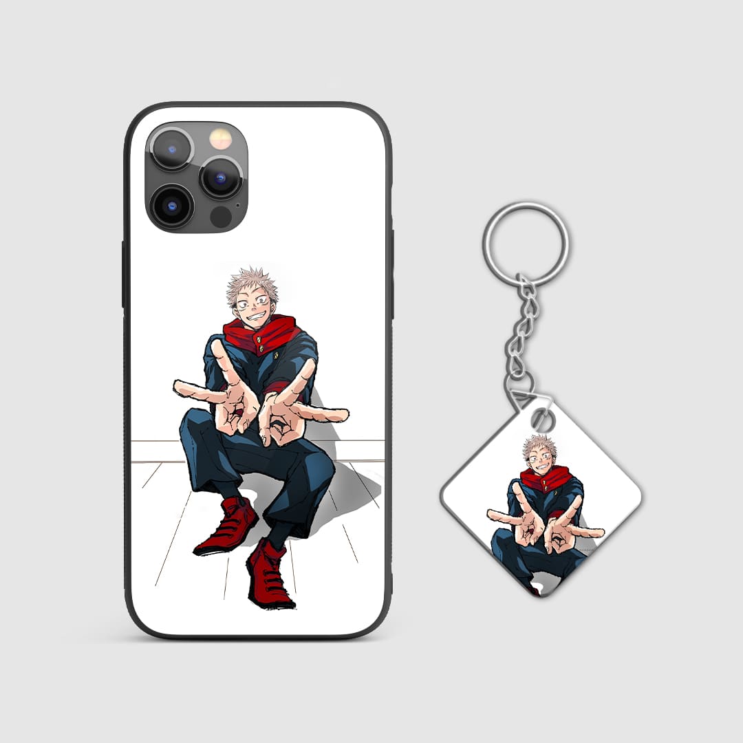 Elegant white phone case with a vivid depiction of Yuji Itadori, highlighting his determination and strength with Keychain