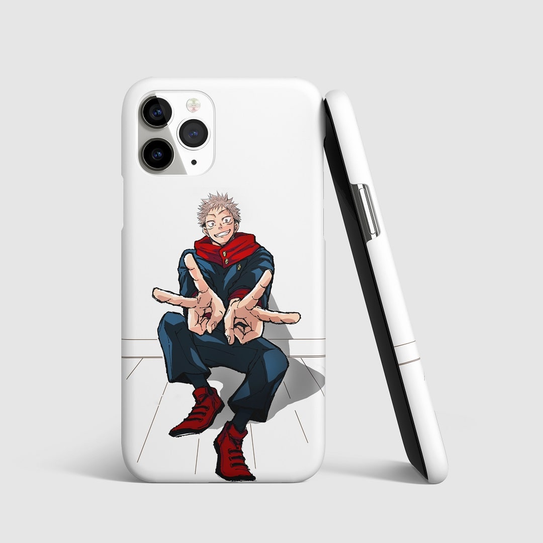 Minimalist white design with dynamic artwork of Yuji Itadori on phone cover.