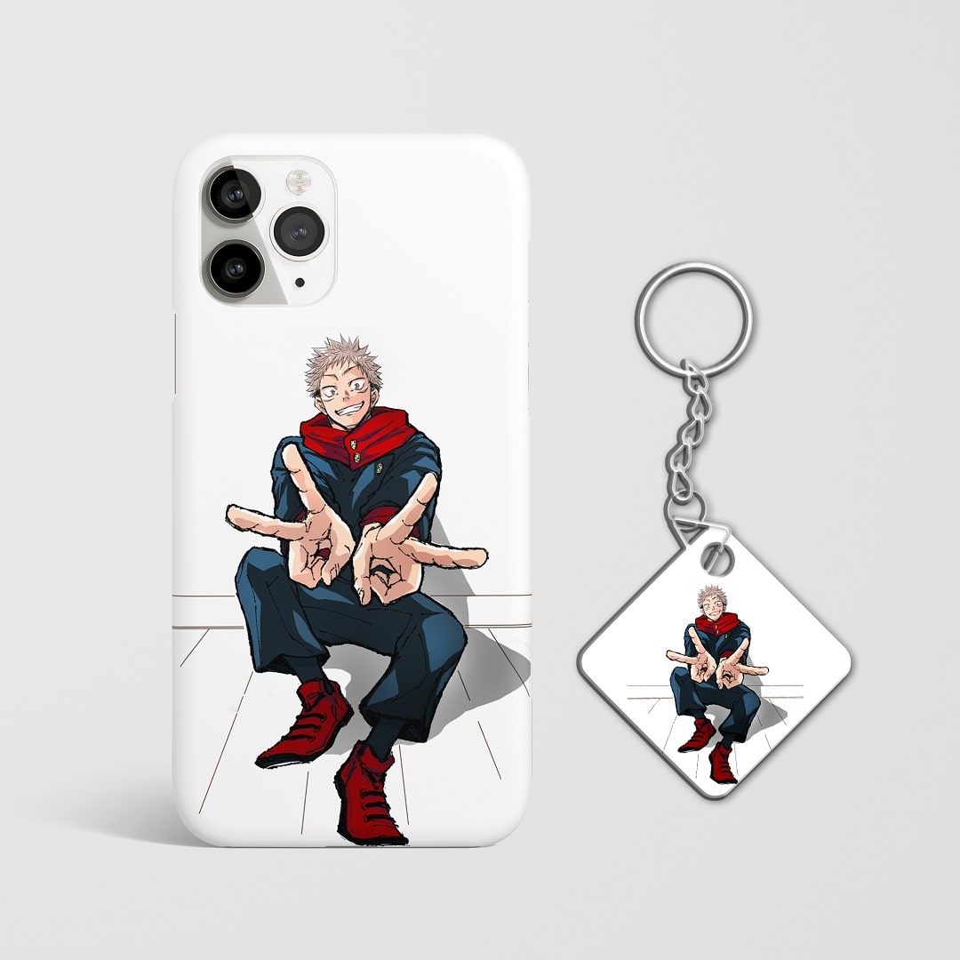 Close-up of Yuji Itadori’s intense expression on white phone case with Keychain.