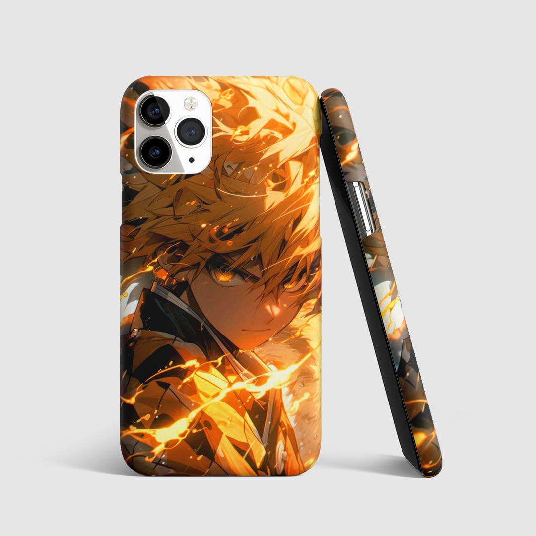 Dynamic artwork of Zenitsu Agatsuma on phone cover.