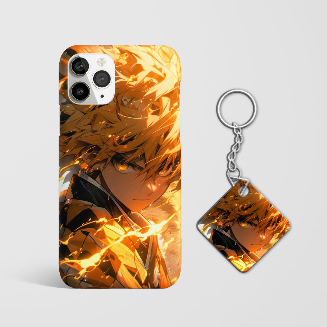 Close-up of Zenitsu Agatsuma’s intense expression on phone case with Keychain.