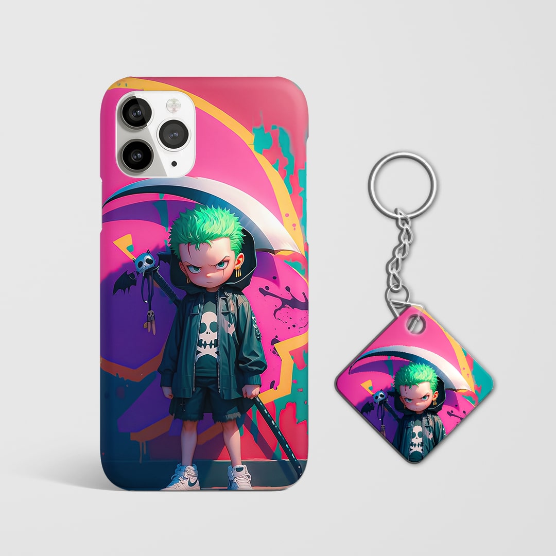 Back view of Zoro Ghibli Phone Cover featuring dreamy Ghibli-style ar with Keychain.