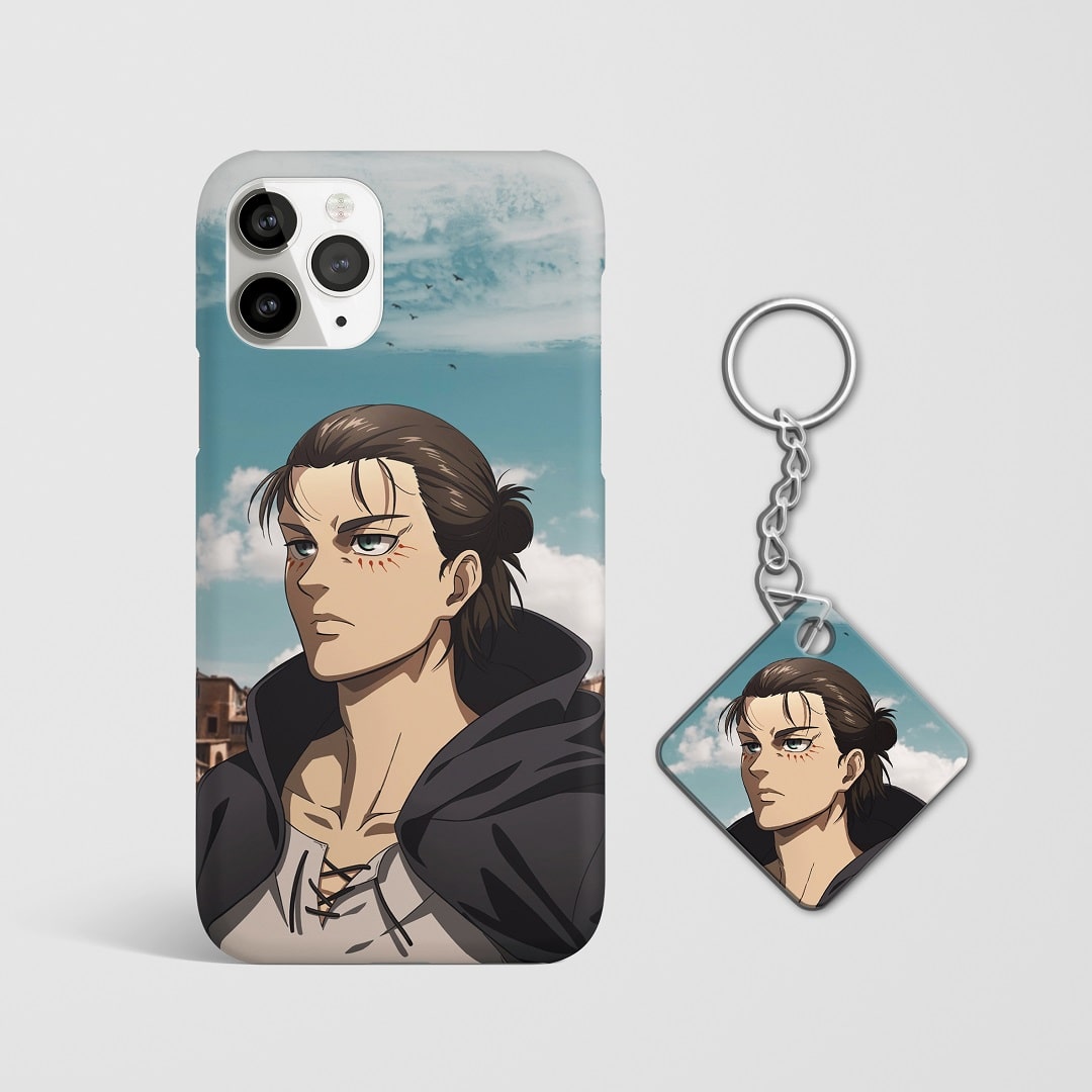 Close-up of Eren’s intense expression on phone case with Keychain.