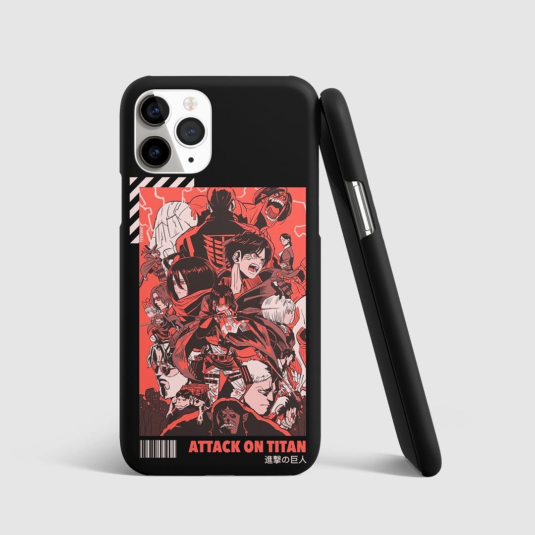 Striking artwork from "Attack on Titan" on phone cover.