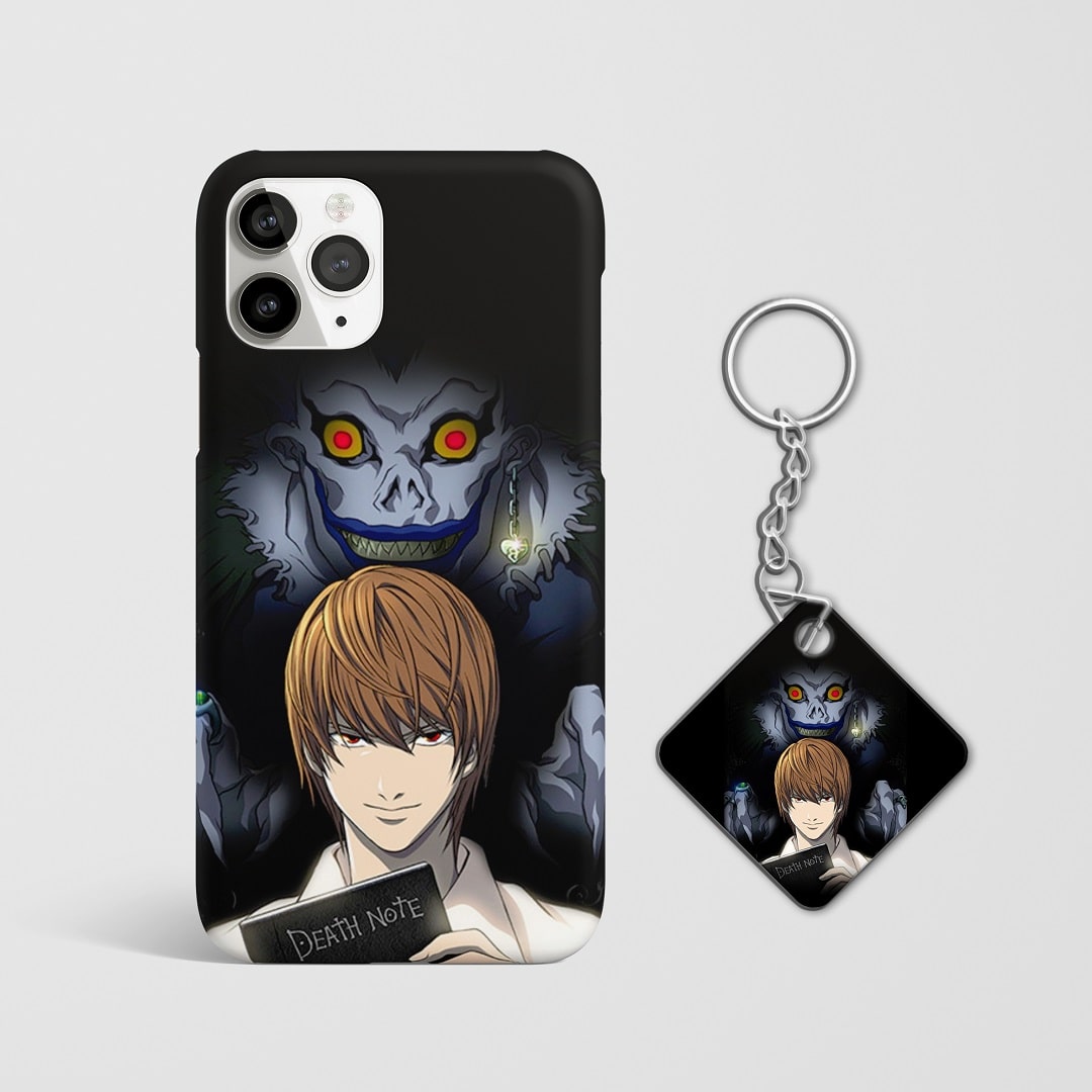 Close-up of Light and the Shinigami’s intense expressions on phone case with Keychain.