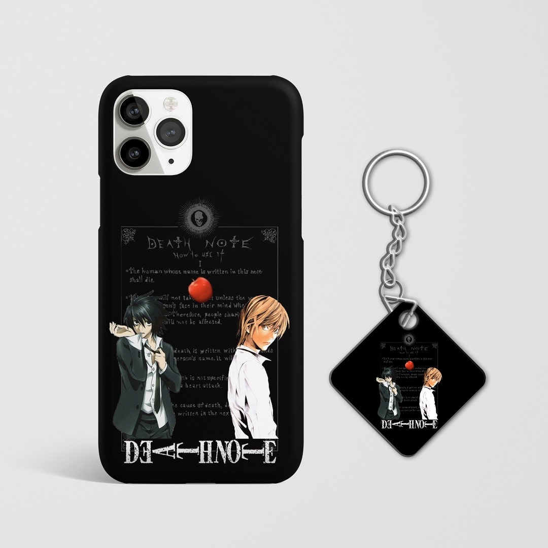 Close-up of the "Death Note" notebook design on phone case with Keychain.