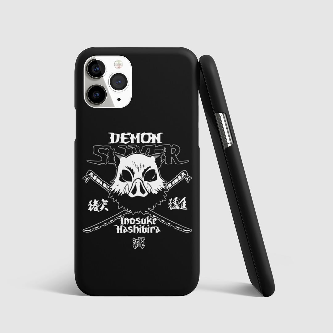 Bold artwork of Inosuke Hashibira on phone cover.