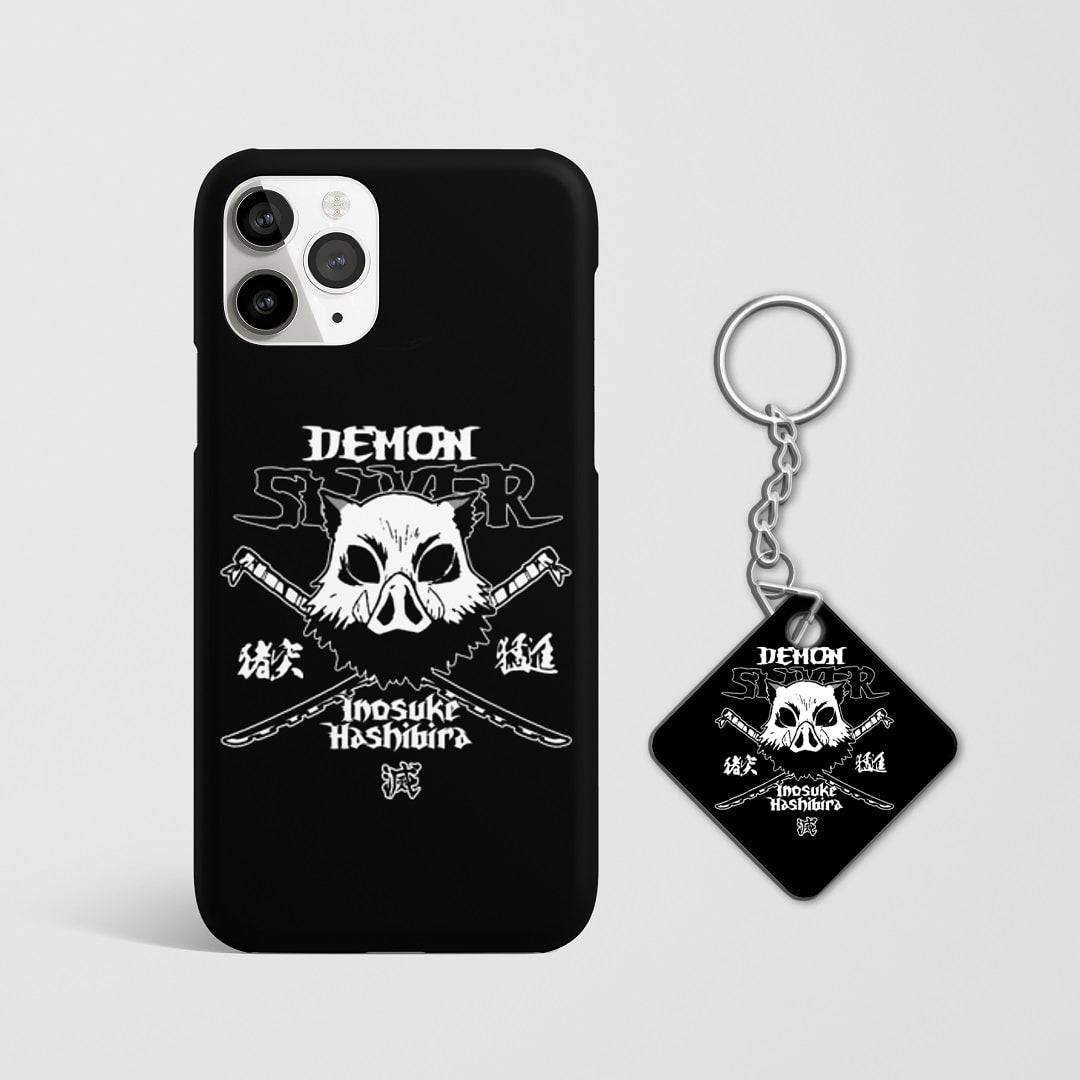 Close-up of Inosuke Hashibira’s fierce expression on phone case with Keychain.