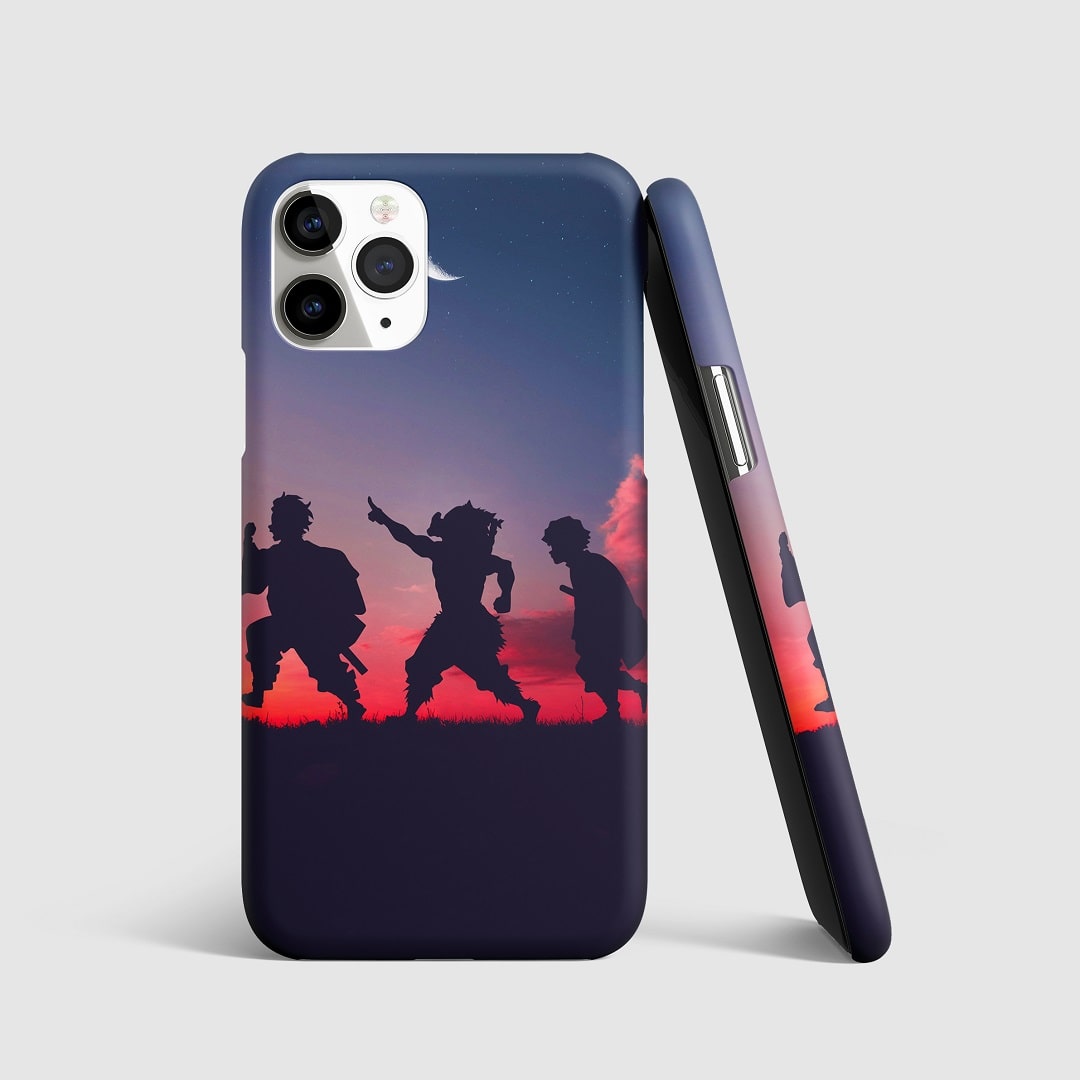 Artistic composition of Tanjiro, Nezuko, and Zenitsu on phone cover.