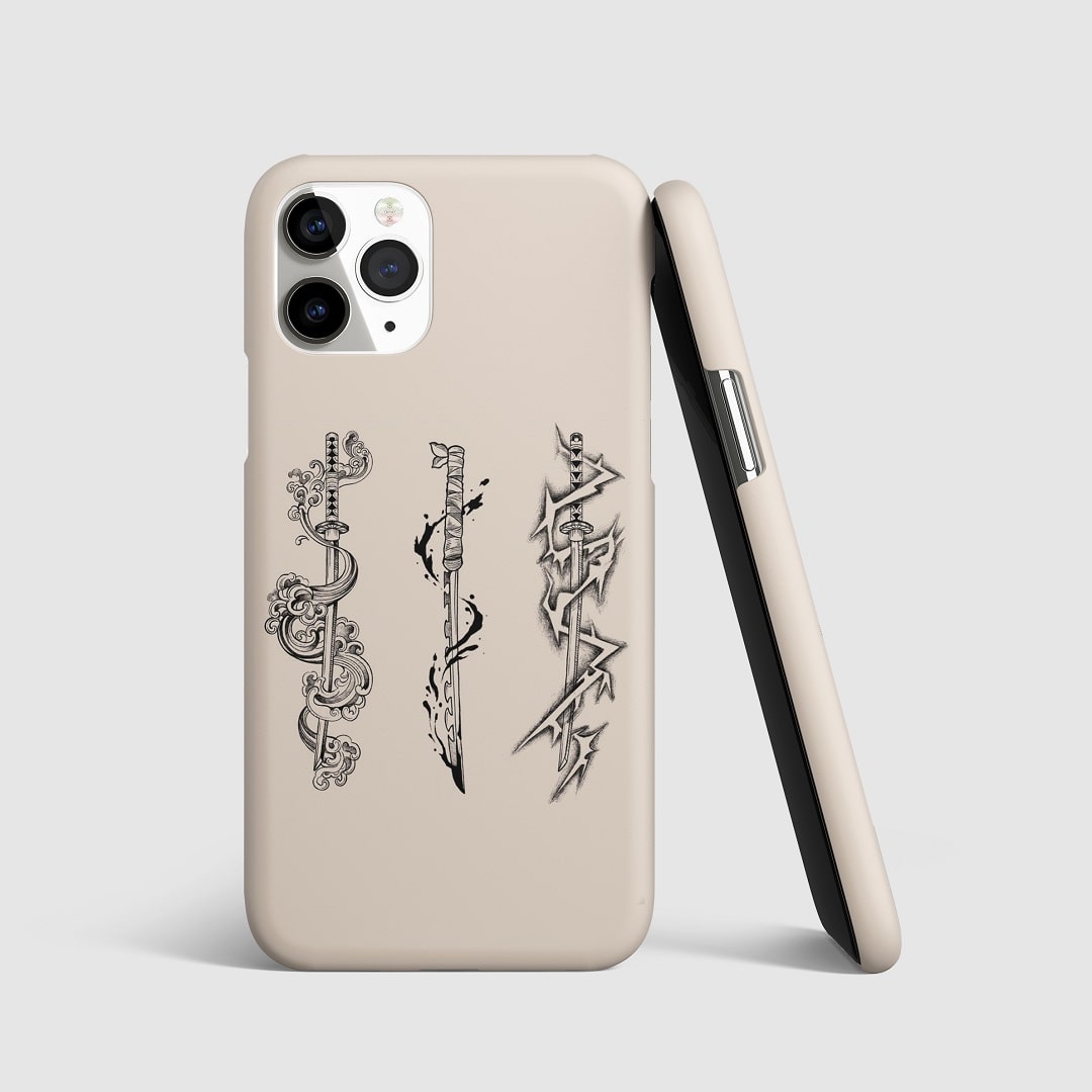 Dynamic design of Tanjiro, Nezuko, and Zenitsu with swords on phone cover.