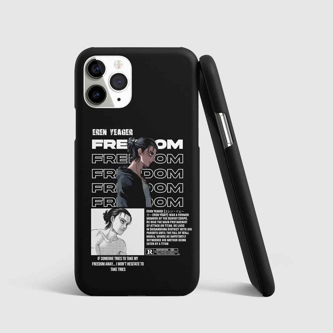 Striking artwork of Eren Yeager from "Attack on Titan" on phone cover.