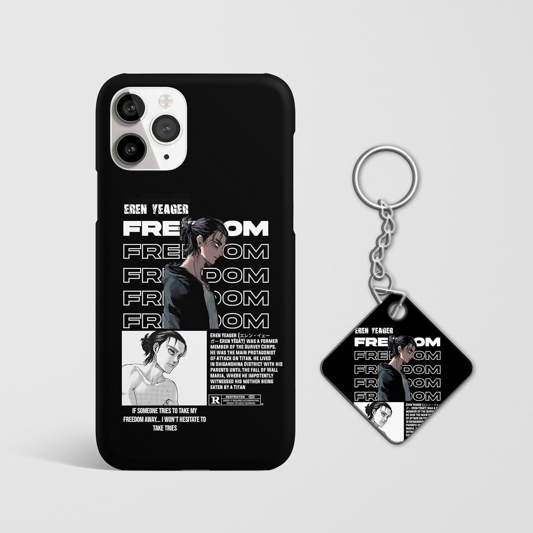Close-up of Eren’s determined expression on phone case with Keychain.