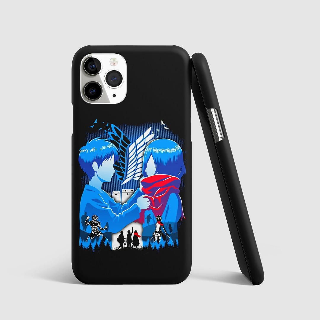 Striking artwork of Eren Yeager and Mikasa Ackerman from "Attack on Titan" on phone cover.