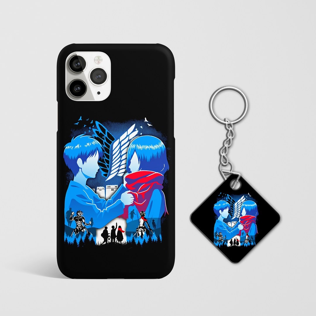 Close-up of Eren and Mikasa’s intense expressions on phone case with Keychain.