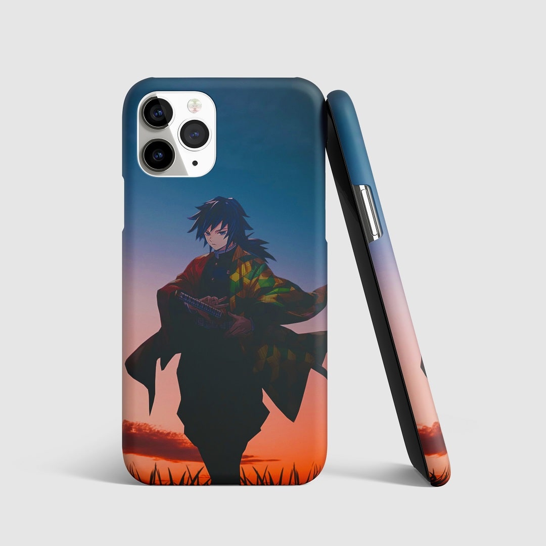 Elegant and minimalist design of Giyu Tomioka on phone cover.