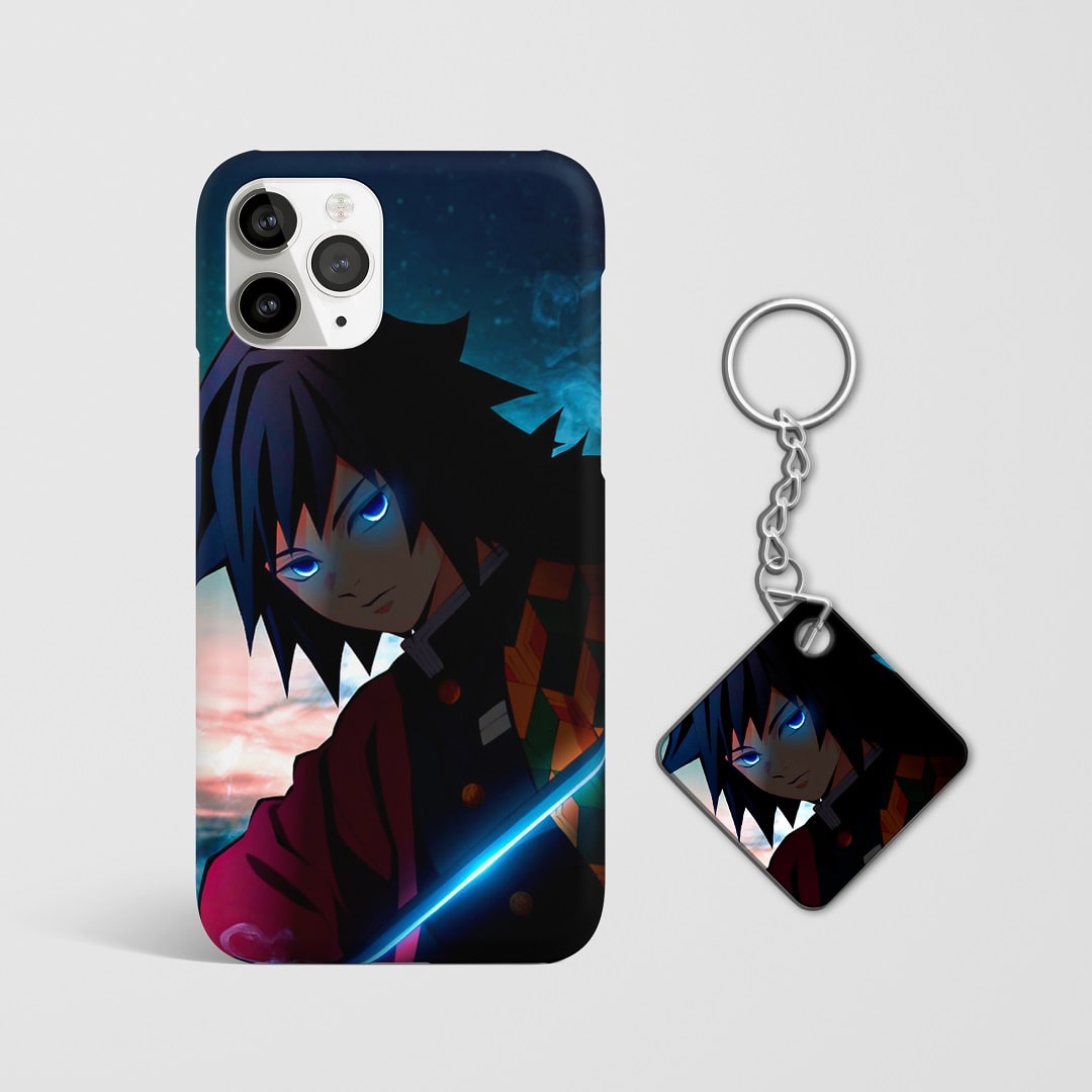 Close-up of Giyu Tomioka’s calm expression on phone case with Keychain.
