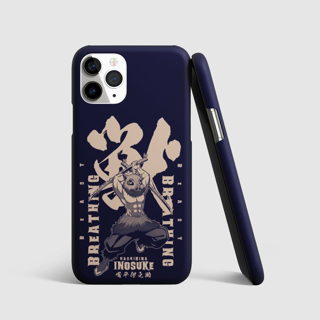 Intense action pose of Inosuke Hashibira on phone cover.